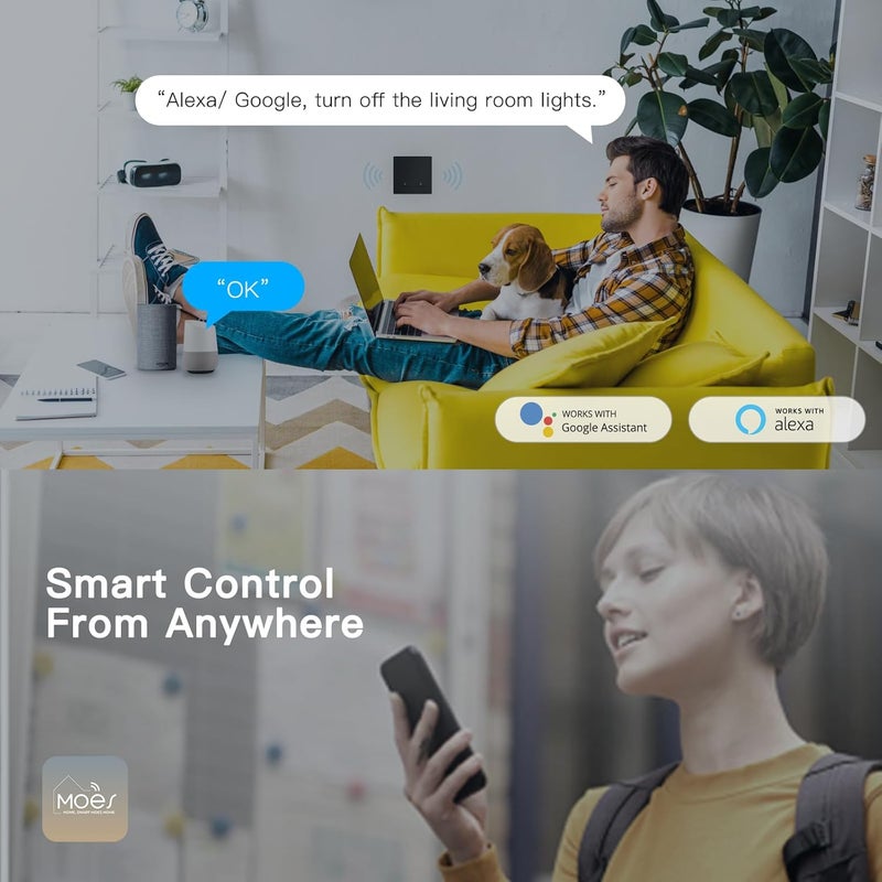 MOES 2nd Generation WiFi Smart Light Switch, Wall Switch 2.4GHz, Neutral Wire Required, Smart Life APP Remote Control, Compatible with Alexa, No Hub Required, Black 2 Gang - Image 5